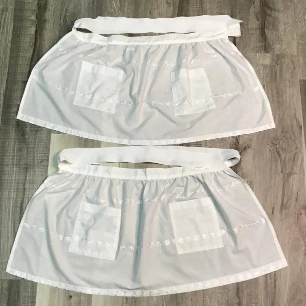 Vintage Paper White Linen Handmade Shamrock Embroidered Waist Hostess Aprons - 2